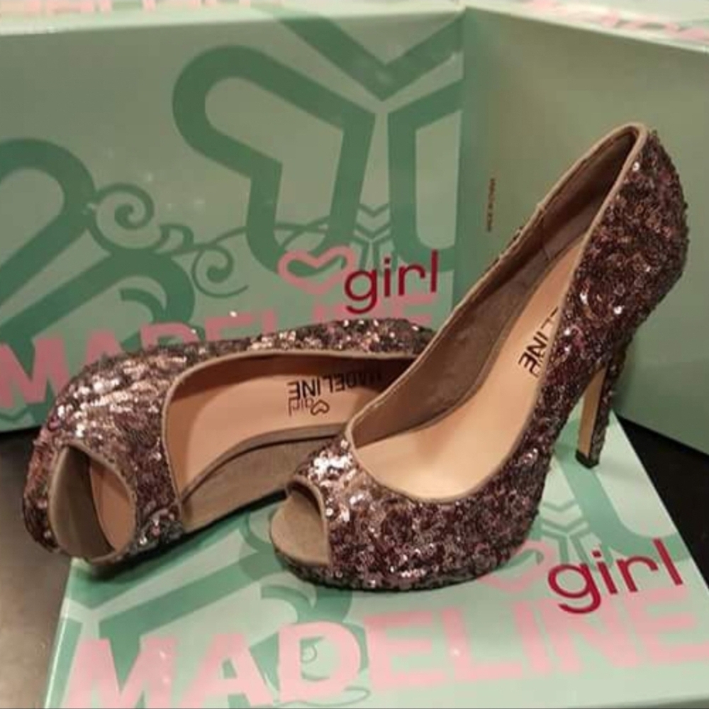 Madeline Girl Sparkling Peep Toe Heels - Pewter
